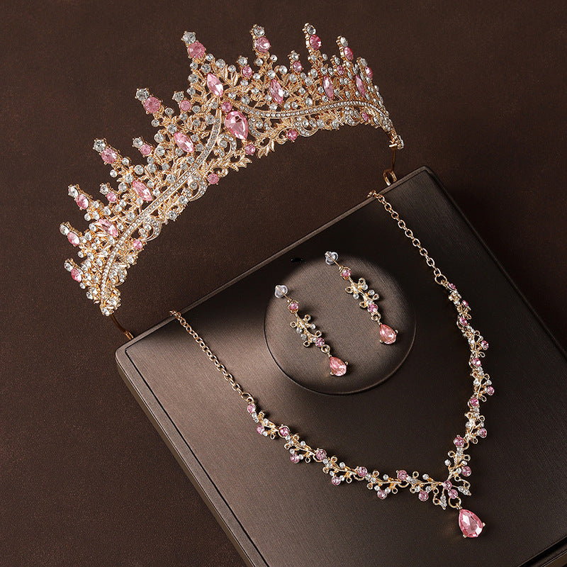 Champagne Pink Diamond Crown Jewelry Set – Headpiece, Necklace & Earrings, Bridal / Party 3‑Piece