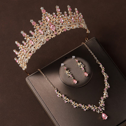 Champagne Pink Diamond Crown Jewelry Set – Headpiece, Necklace & Earrings, Bridal / Party 3‑Piece