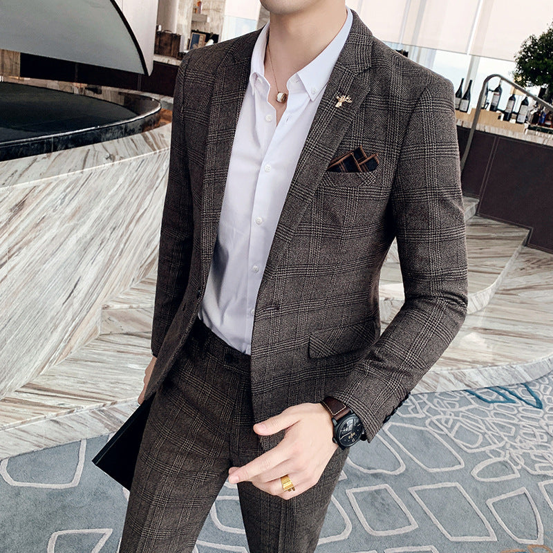 👔 Herren Karierter Slim Anzug – Koreanischer & Britischer Stil, Zweiteiler Legere Eleganz