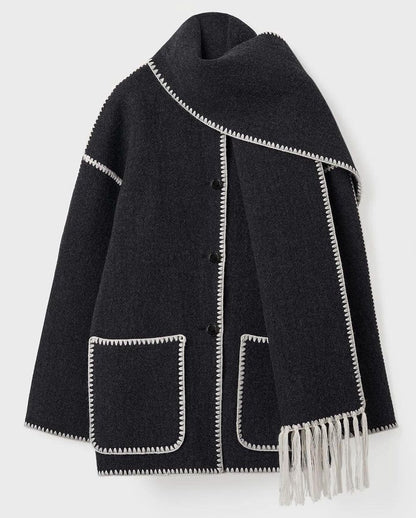 🧥 Autumn / Winter Woolen Jacket for Women – Thickened, Loose Fit with Scarf and Tassel