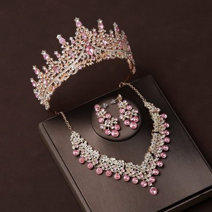 Champagne Pink Diamond Crown Jewelry Set – Headpiece, Necklace & Earrings, Bridal / Party 3‑Piece