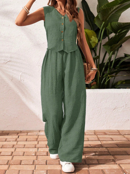 🌿Elegant Sleeveless Vest & Wide Leg Trousers Set 🎀