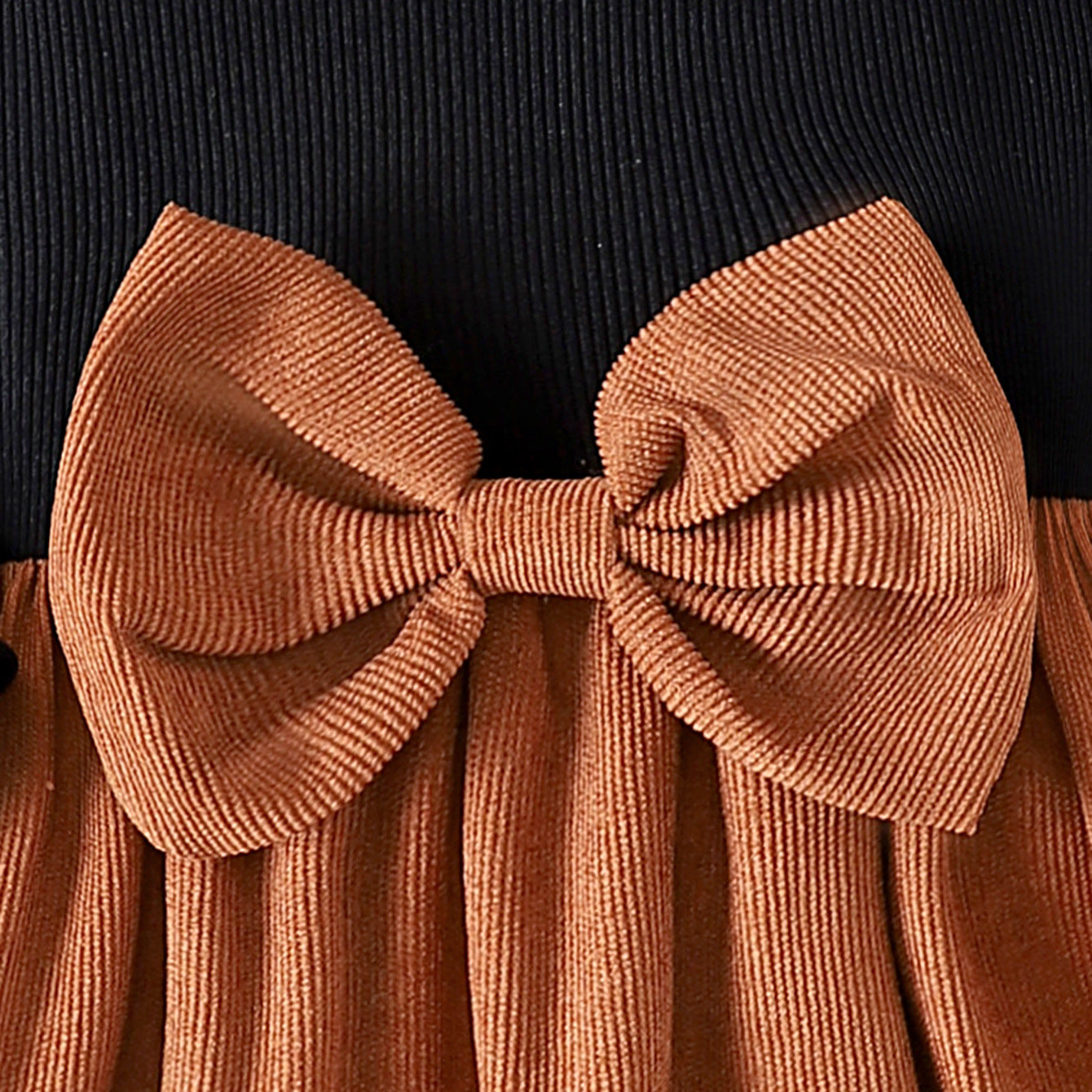 Girls' Autumn / Winter Black & Coffee Puff Sleeve Bow Dress with Hat