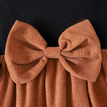 Girls' Autumn / Winter Black & Coffee Puff Sleeve Bow Dress with Hat