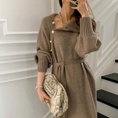 👗Loose Knit Turtleneck Sweater Dress – Autumn / Winter, Lace-Up Waist, Japanese / Korean Style